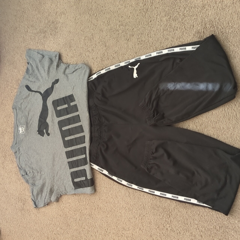 Puma Gray Logo T-Shirt XL, Black Puma Logo Pants L, Set Now Asking Only $30 WOW